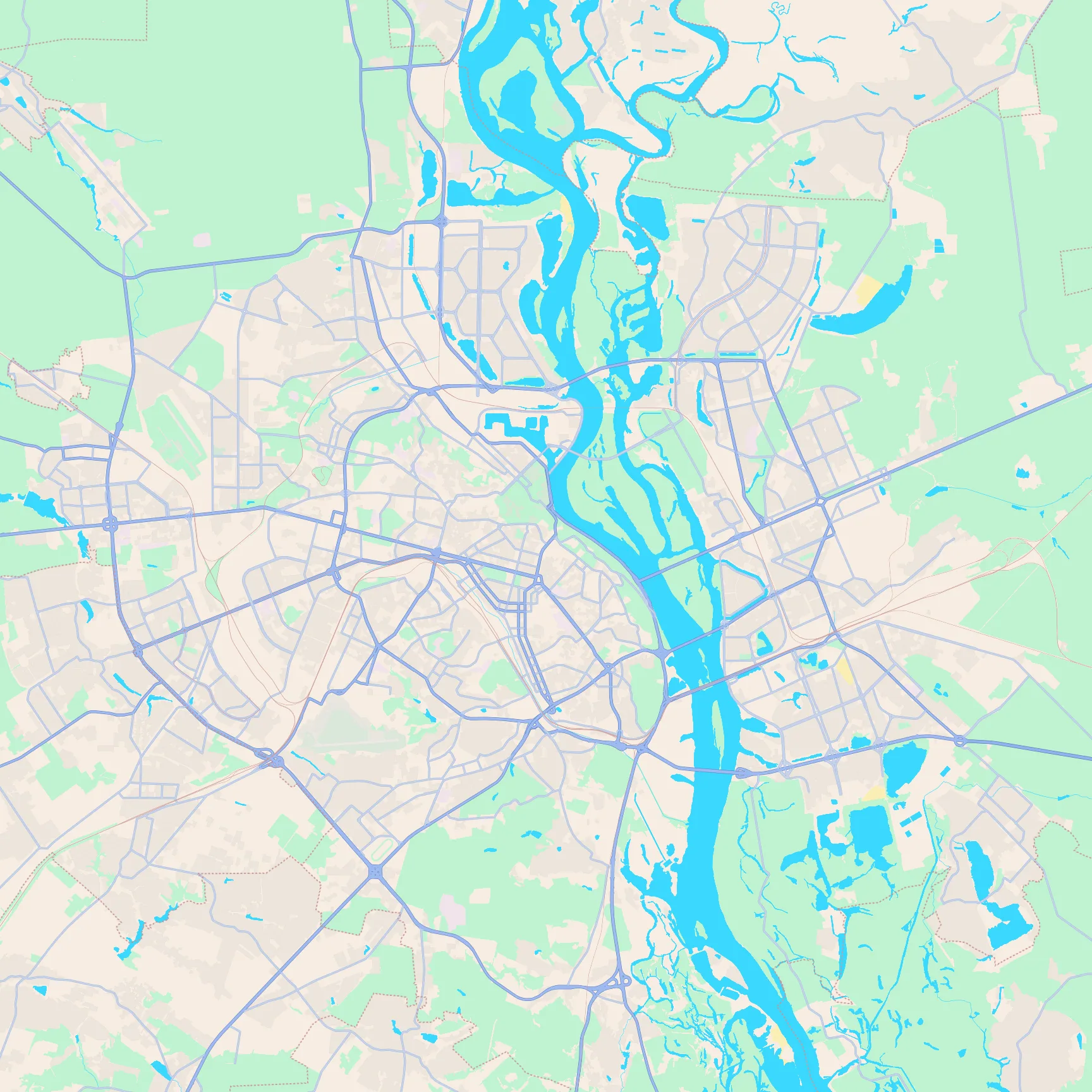 Unlabeled street map of Kyiv, Ukraine