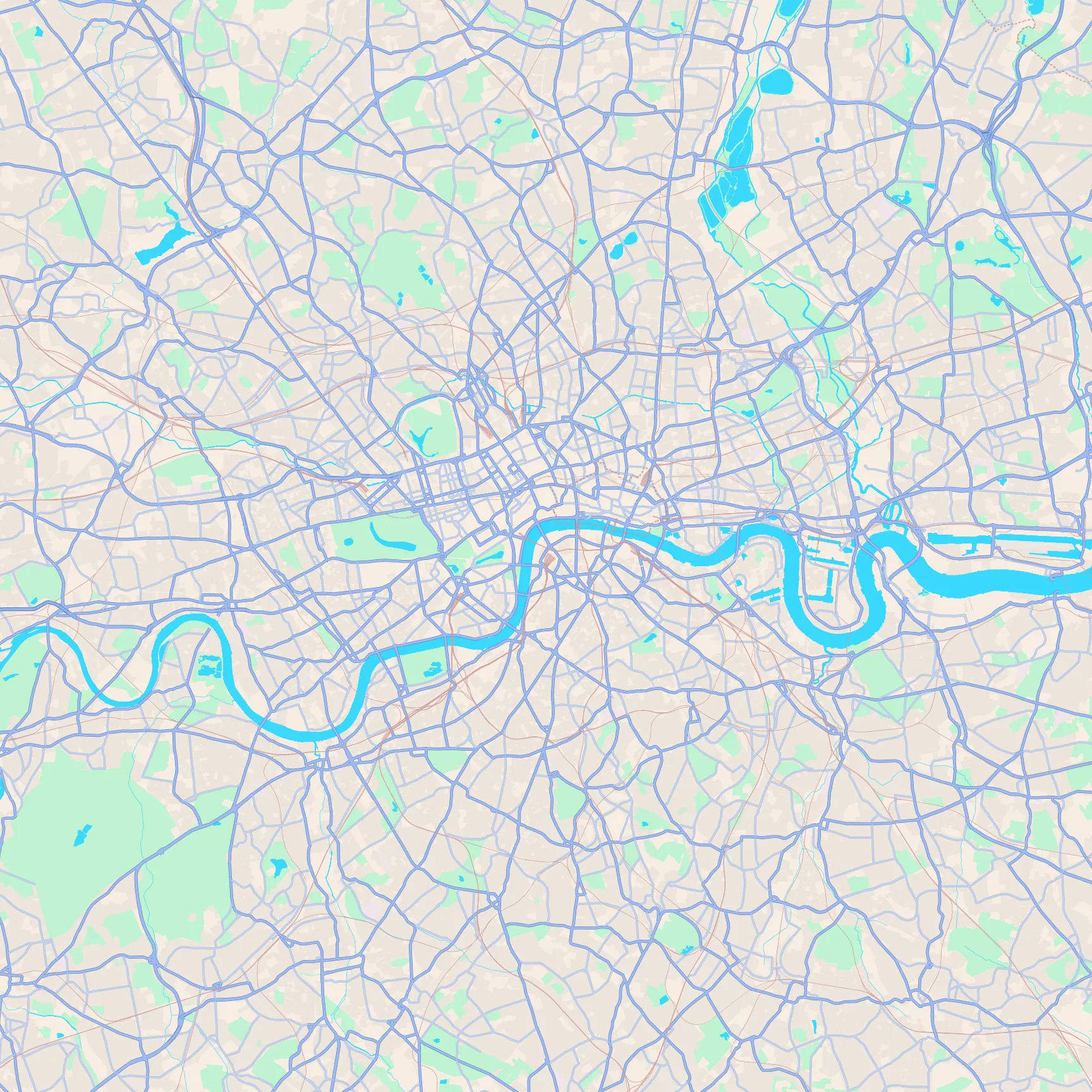 Unlabeled street map of London, United Kingdom