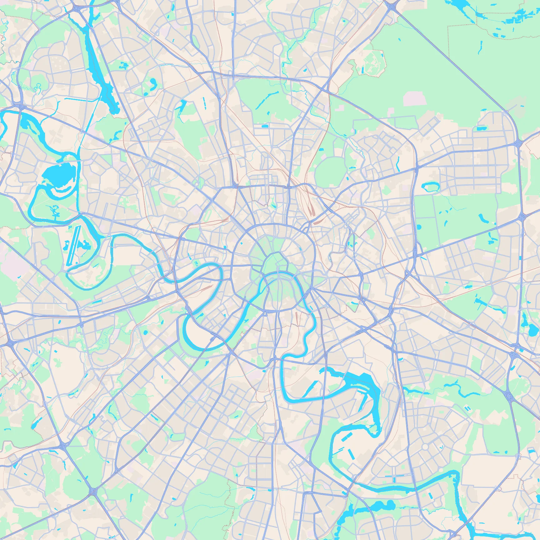 Unlabeled street map of Moscow, Russia