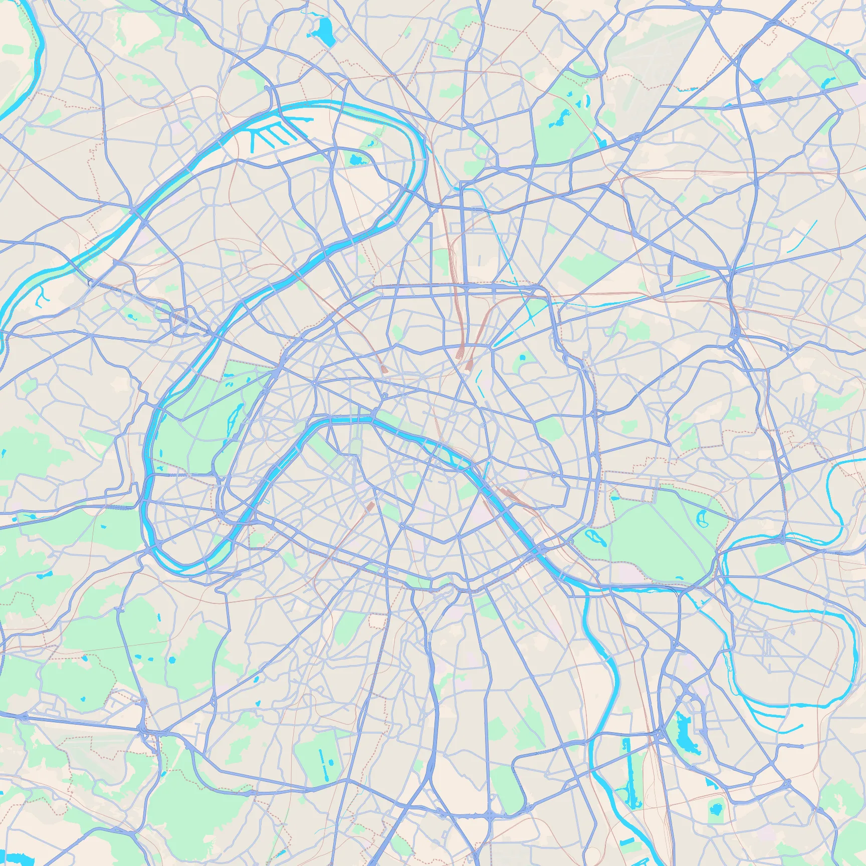 Unlabeled street map of Paris, France