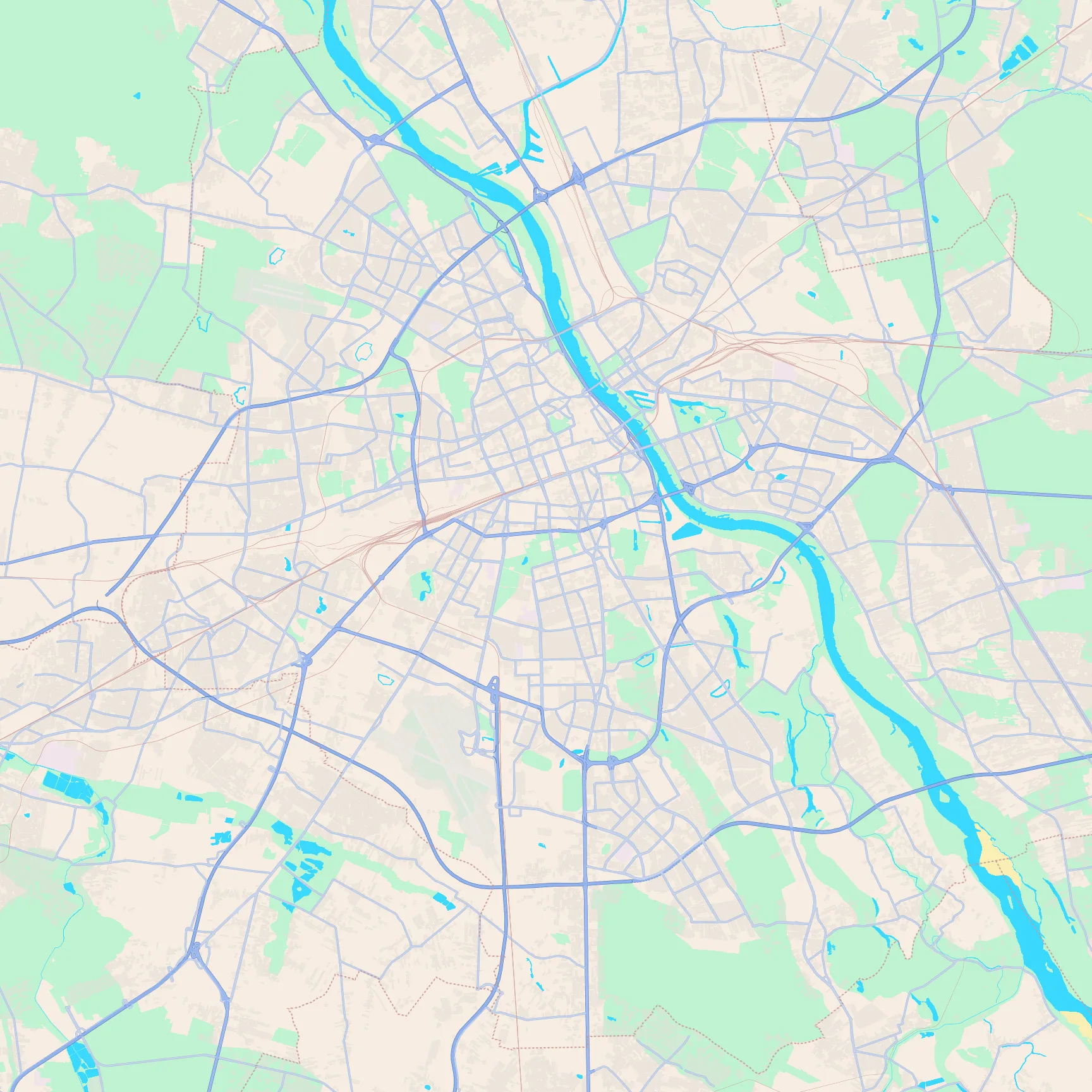 Unlabeled street map of Warsaw, Poland