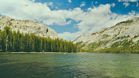 Tenaya Lake on Tioga Road, with granite domes and pines