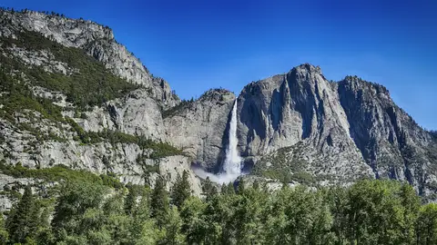 Upper and Lower Yosemite Falls seen from the valley floor