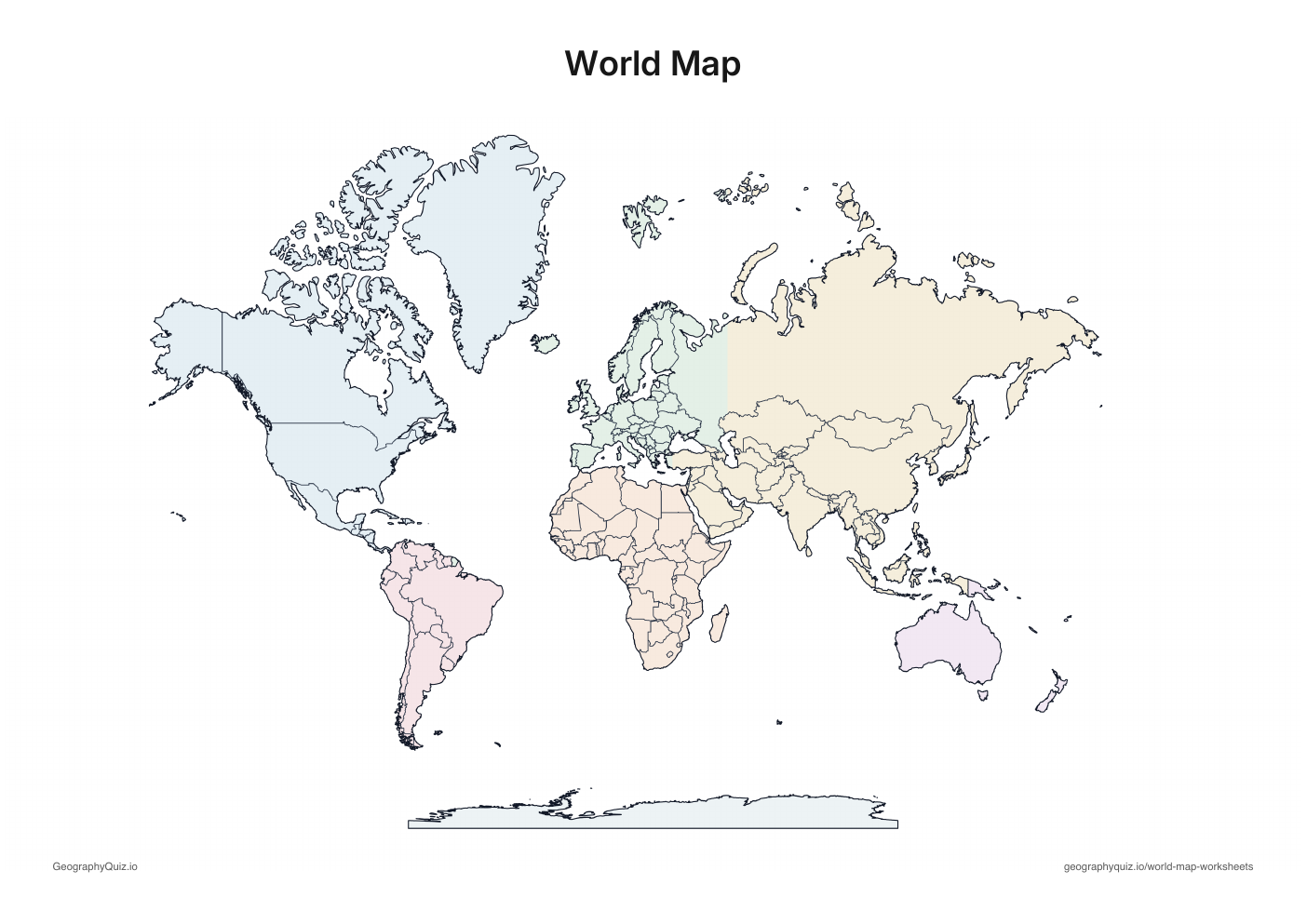 Blank world map with country borders and pastel continent colours