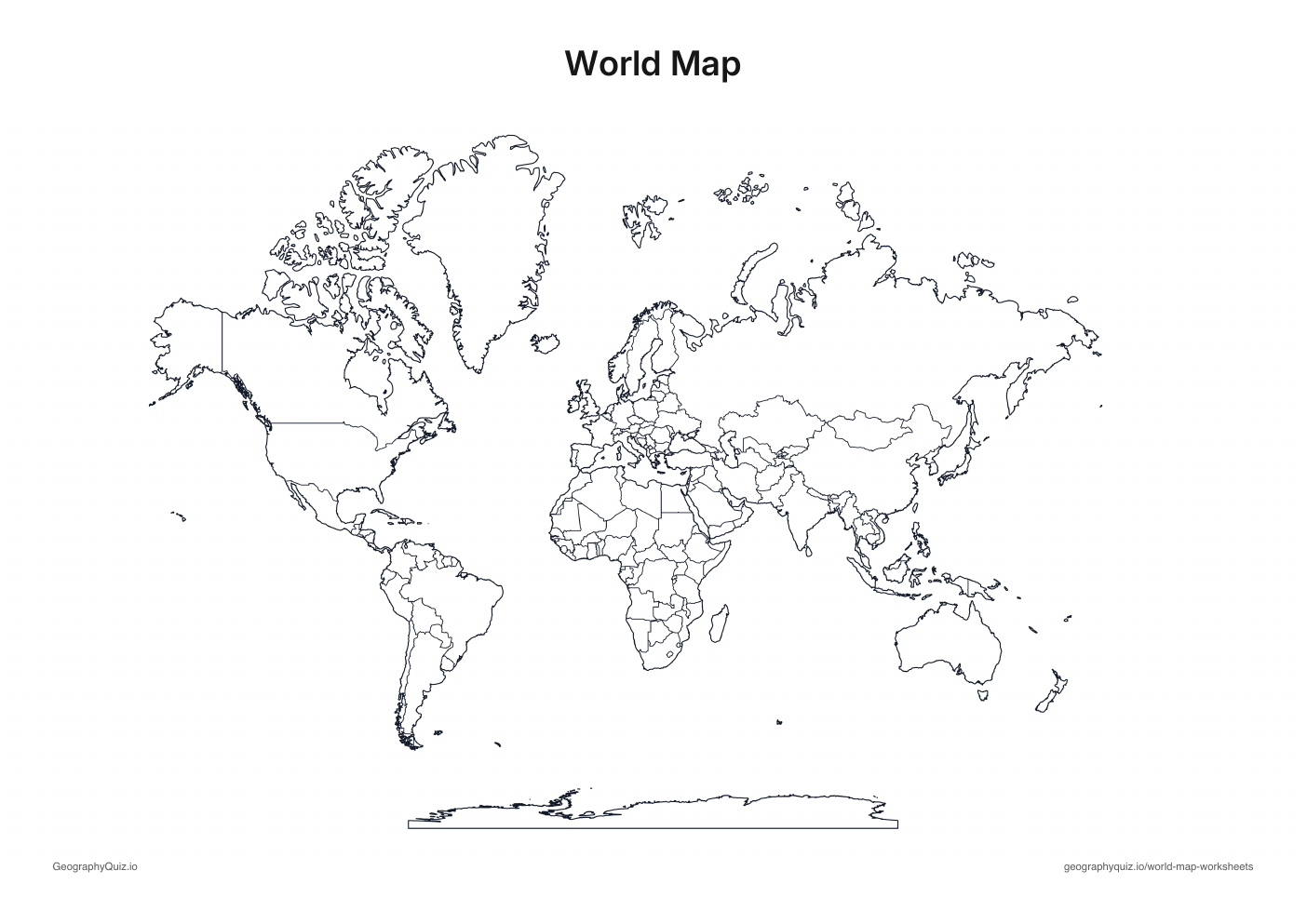 Black-and-white world map with country outlines and a separate Antarctica