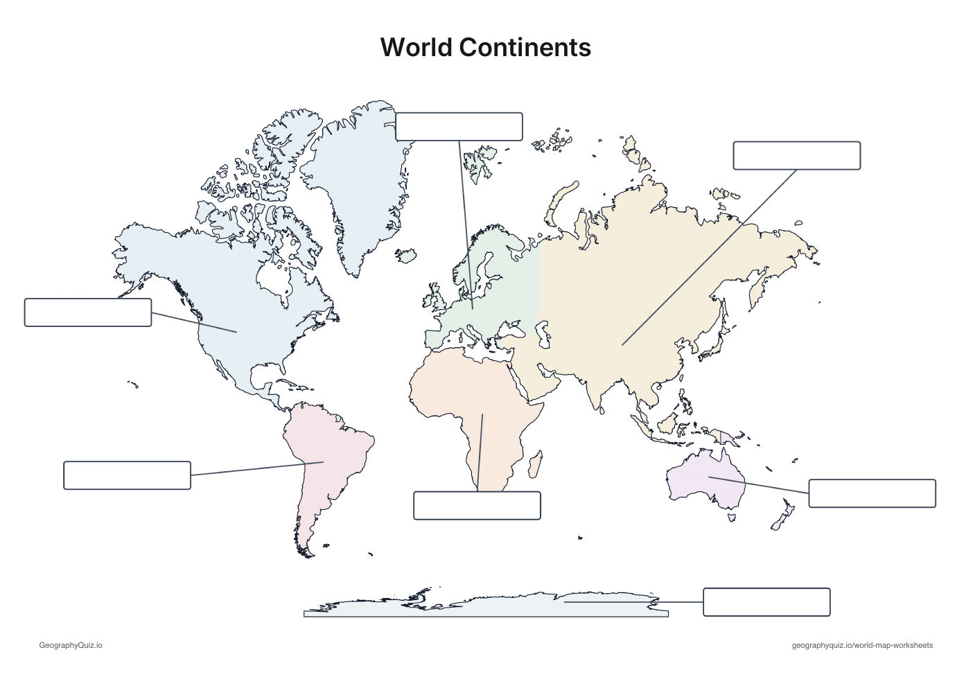 World continents worksheet with empty label boxes and leader lines