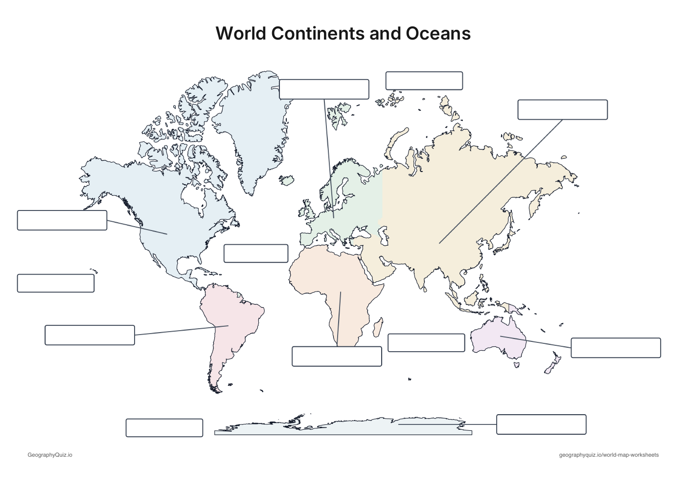 World map worksheet with empty continent and ocean label boxes