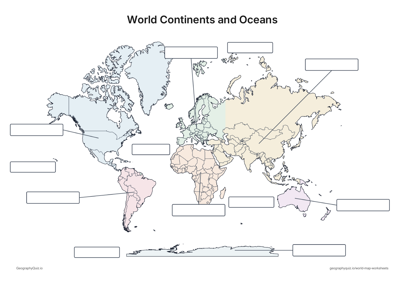 Pastel world map with country outlines and blank continent and ocean boxes