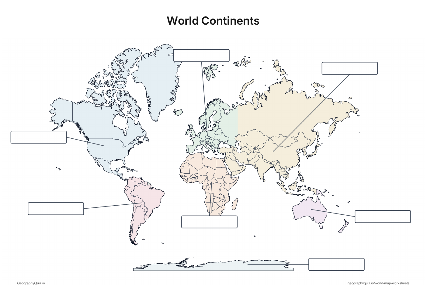 Pastel world map with country outlines and blank continent label boxes