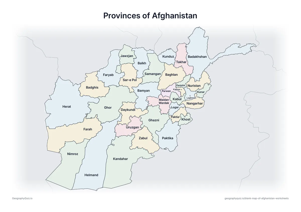 Preview of the printable provinces of afghanistan worksheet