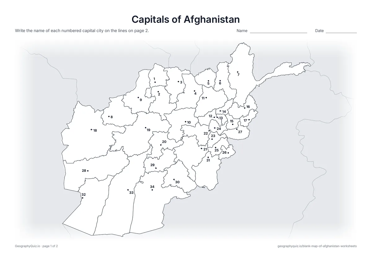 Preview of the printable capitals of afghanistan worksheet