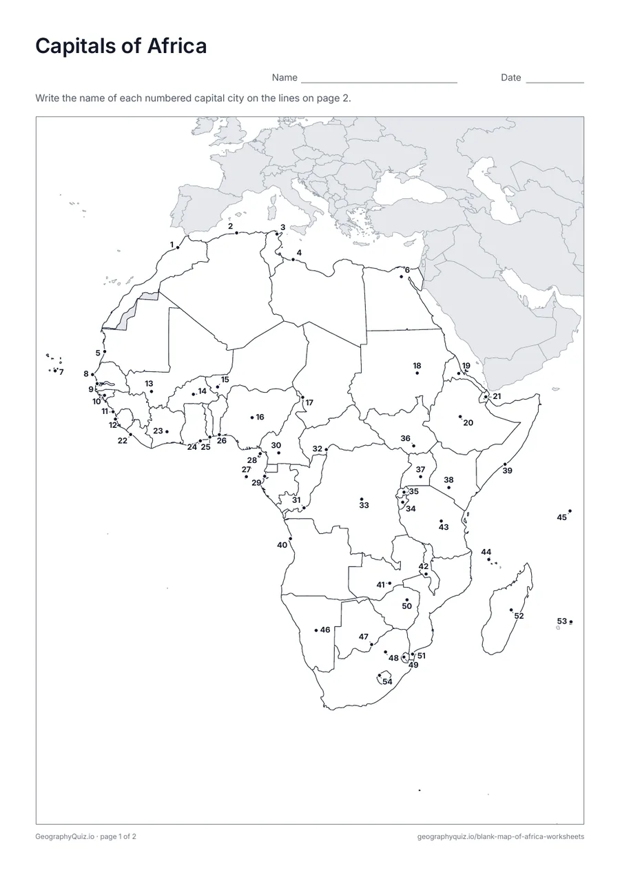 Preview of the printable capitals of africa worksheet