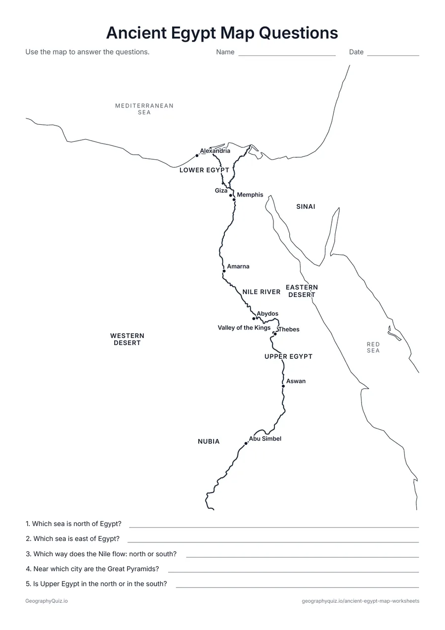 Preview of the printable ancient egypt map questions worksheet: A labeled map and five questions about the seas, the Nile, the pyramids and Upper and Lower Egypt