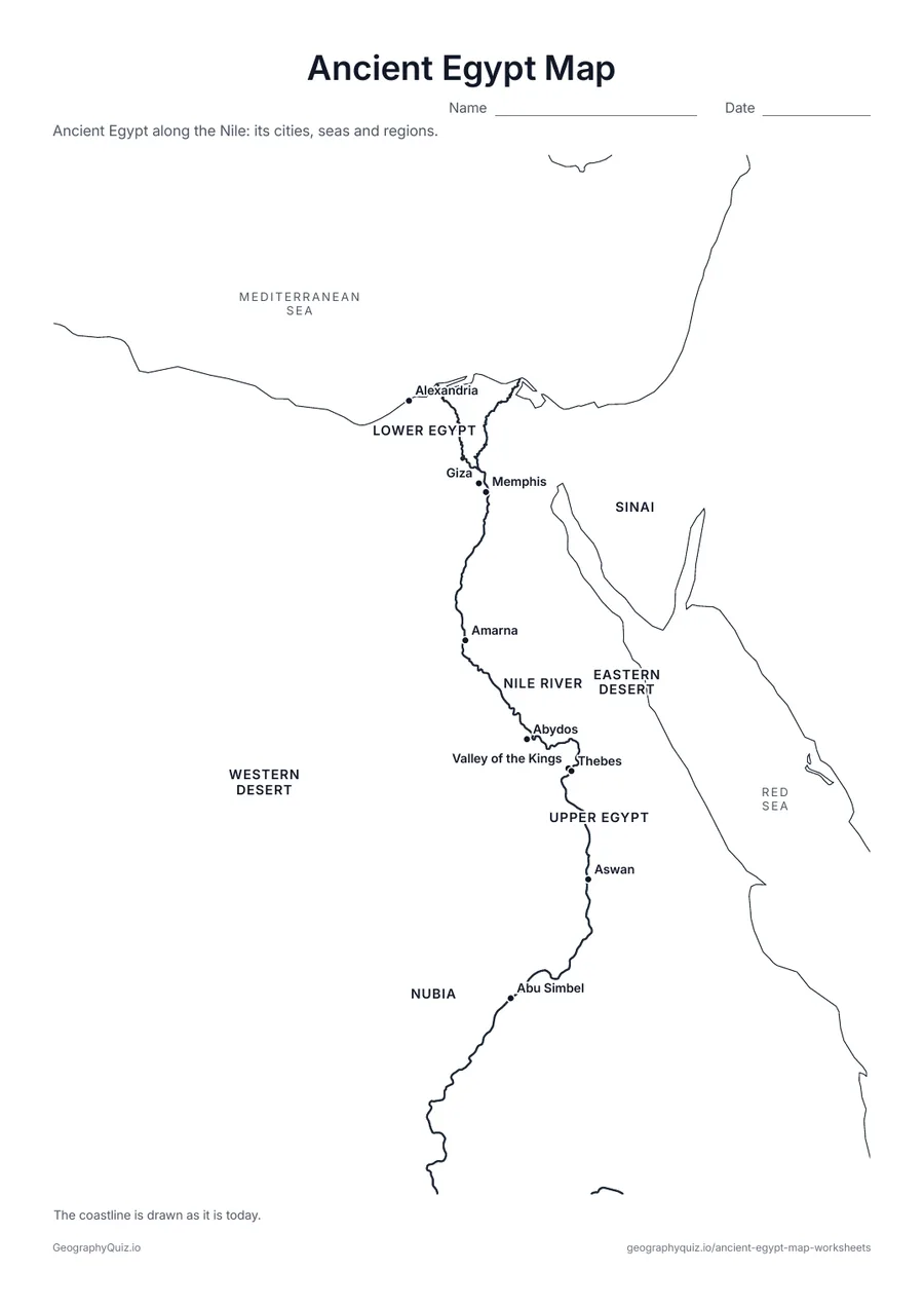 Preview of the printable ancient egypt map worksheet: Alexandria, Giza, Memphis, Thebes, the Valley of the Kings, Abu Simbel and more, with the seas, the Nile and Upper and Lower Egypt named