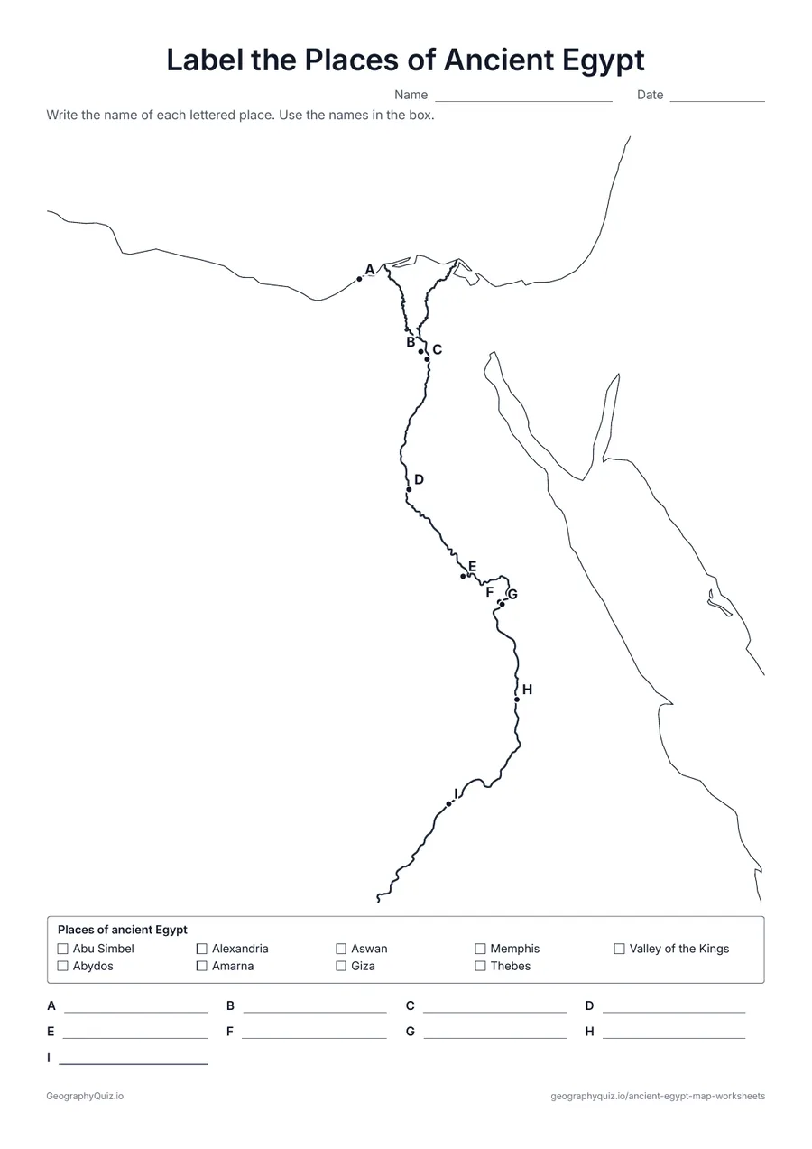 Preview of the printable label the places of ancient egypt worksheet: Nine lettered places along the Nile, from Alexandria to Abu Simbel