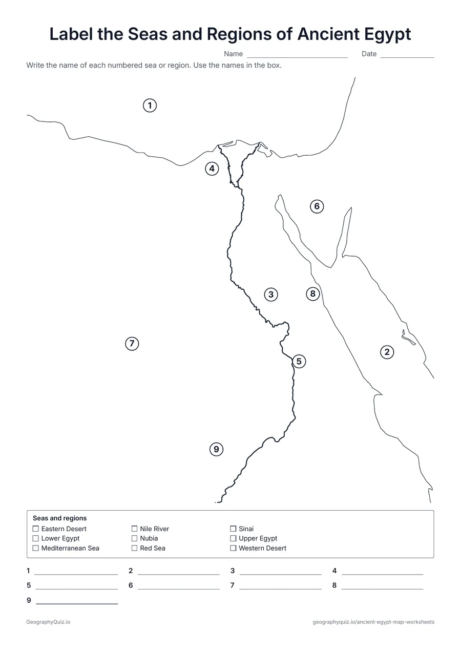 Preview of the printable label the seas and regions of ancient egypt worksheet: Students name the Mediterranean and Red Seas, the Nile, Upper and Lower Egypt, the Sinai, the Western and Eastern Deserts and Nubia