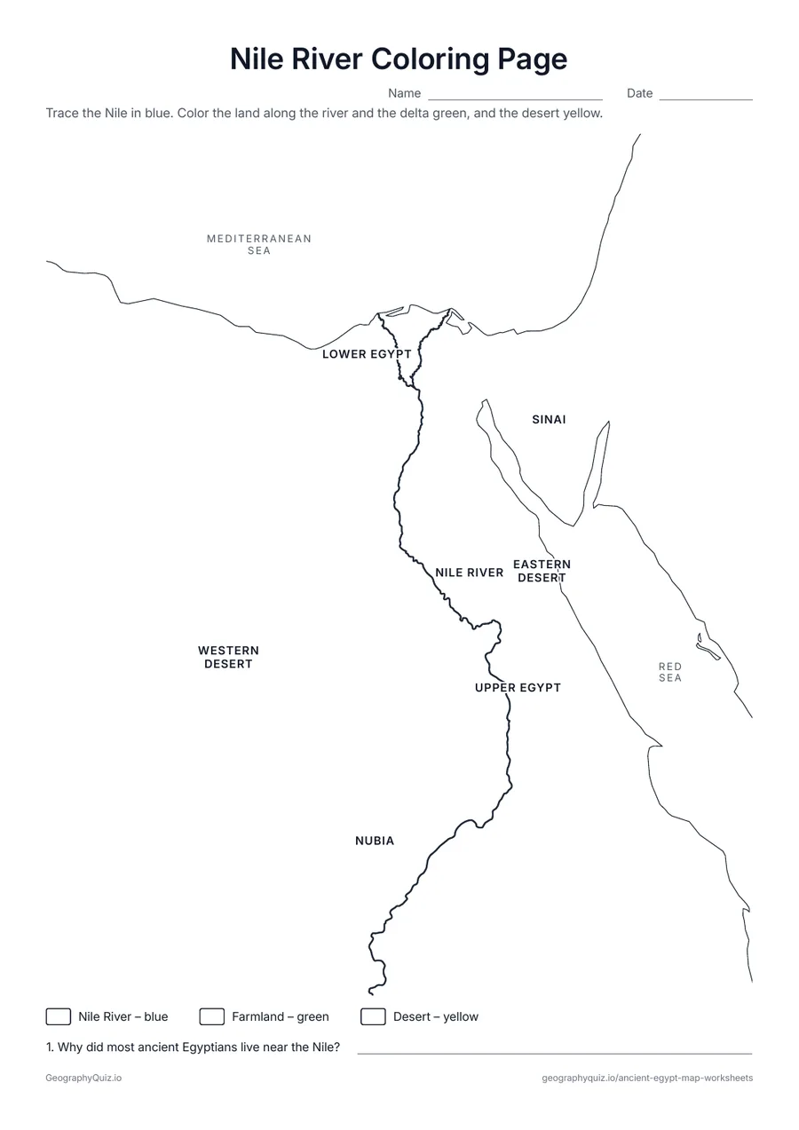 Preview of the printable nile river coloring page worksheet: Students trace the Nile in blue, color the farmland along it green and the desert yellow, then explain why Egyptians lived near the river