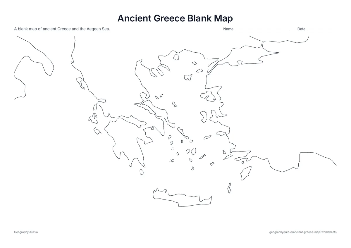 Preview of the printable ancient greece blank map worksheet: The coast of Greece, the Aegean islands and Ionia with no names – ready for your own activity