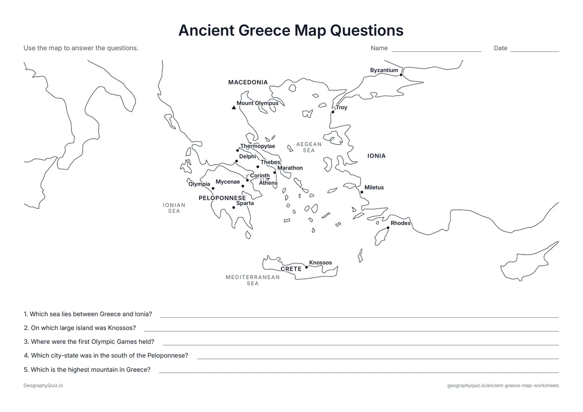 Preview of the printable ancient greece map questions worksheet: A labeled map and five questions about the Olympic Games, Sparta, Knossos, Mount Olympus and the Aegean Sea