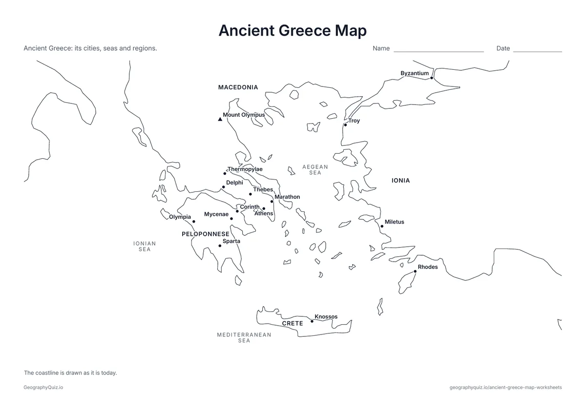 Preview of the printable ancient greece map worksheet: Athens, Sparta, Marathon, Delphi, Olympia, Knossos, Troy and other places, with Mount Olympus, the seas and the regions named