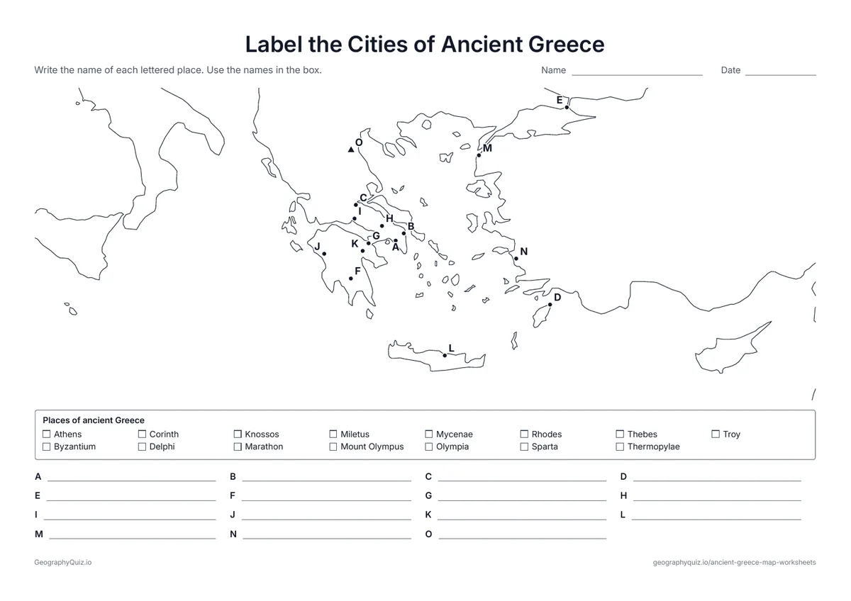 Preview of the printable label the cities of ancient greece worksheet: Fifteen lettered places, from Athens and Sparta to Marathon, Troy and Mount Olympus