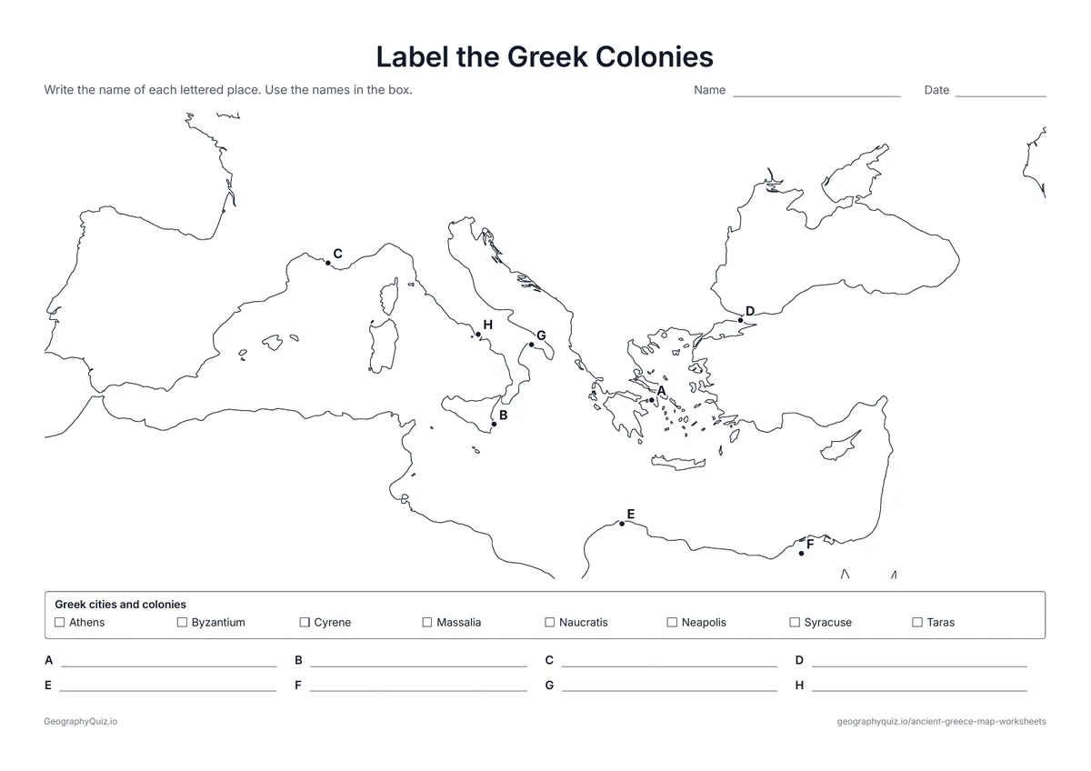 Preview of the printable label the greek colonies worksheet: Eight lettered cities around the Mediterranean