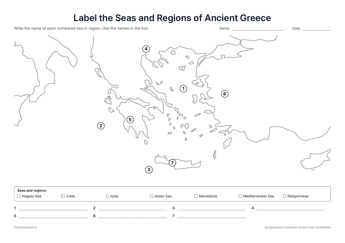 Preview of the printable label the seas and regions of ancient greece worksheet: Students name the Aegean, Ionian and Mediterranean Seas and the regions of Macedonia, the Peloponnese, Ionia and Crete