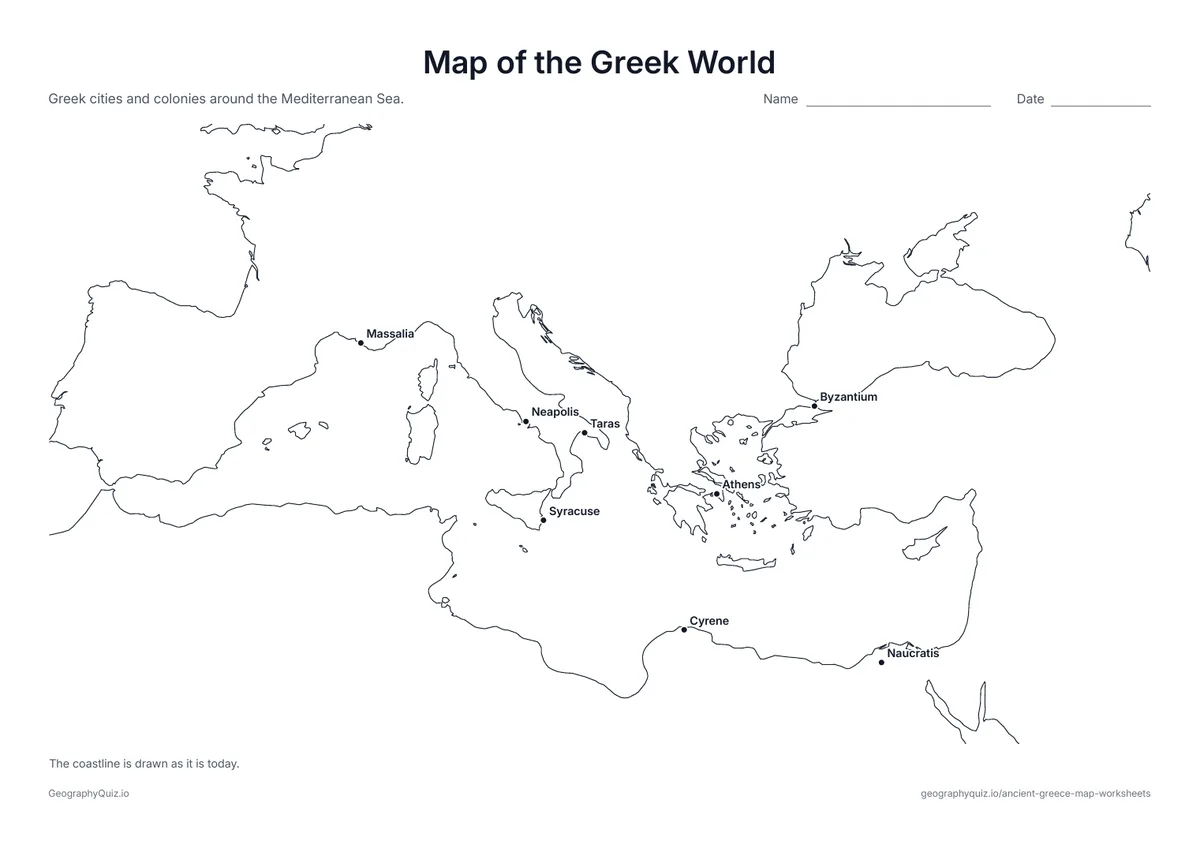 Preview of the printable map of the greek world worksheet: Greek cities and colonies around the Mediterranean, from Massalia in the west to Byzantium in the east