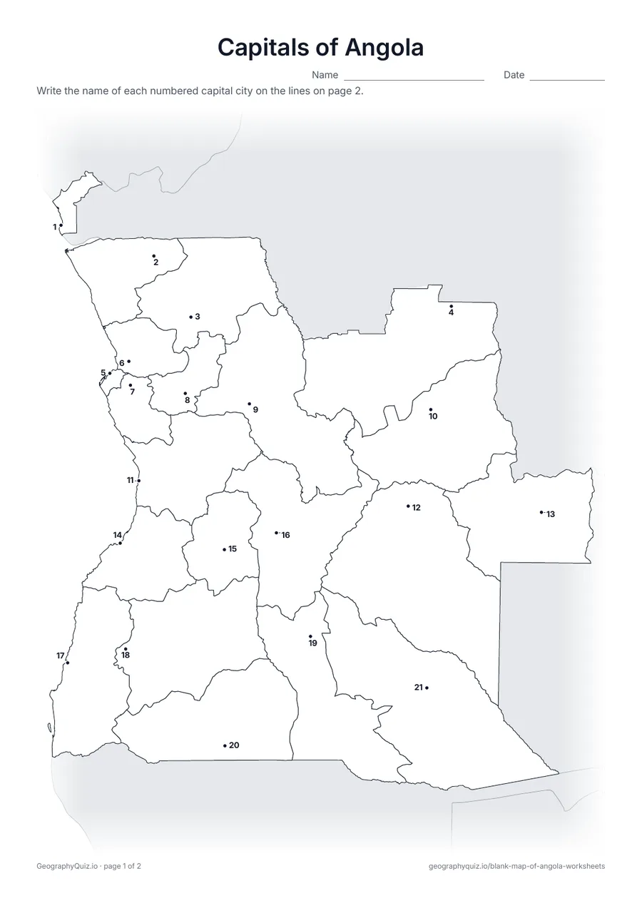 Preview of the printable capitals of angola worksheet