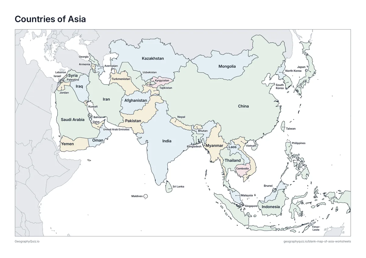 Preview of the printable countries of asia worksheet