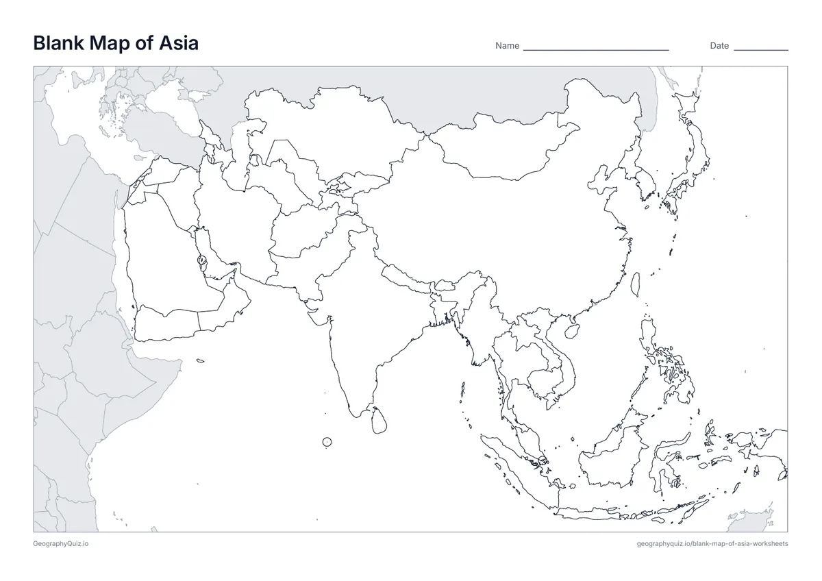 Printable blank map of Asia worksheet preview