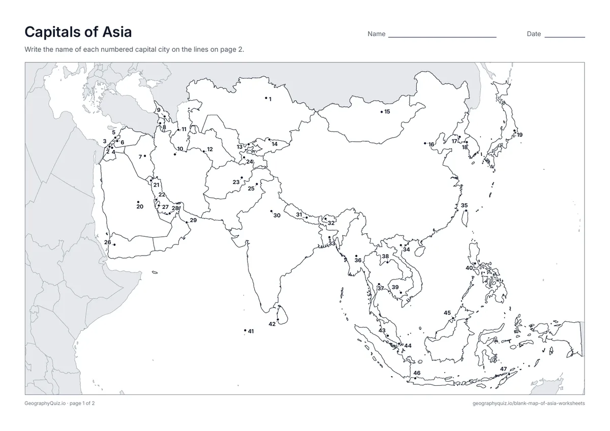 Preview of the printable capitals of asia worksheet