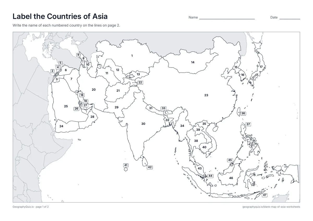 Preview of the printable label the countries of asia worksheet