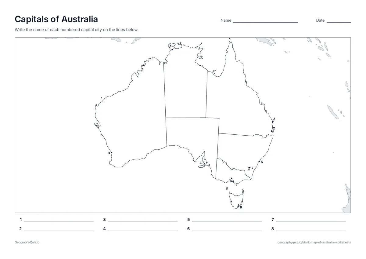 Preview of the printable capitals of australia worksheet
