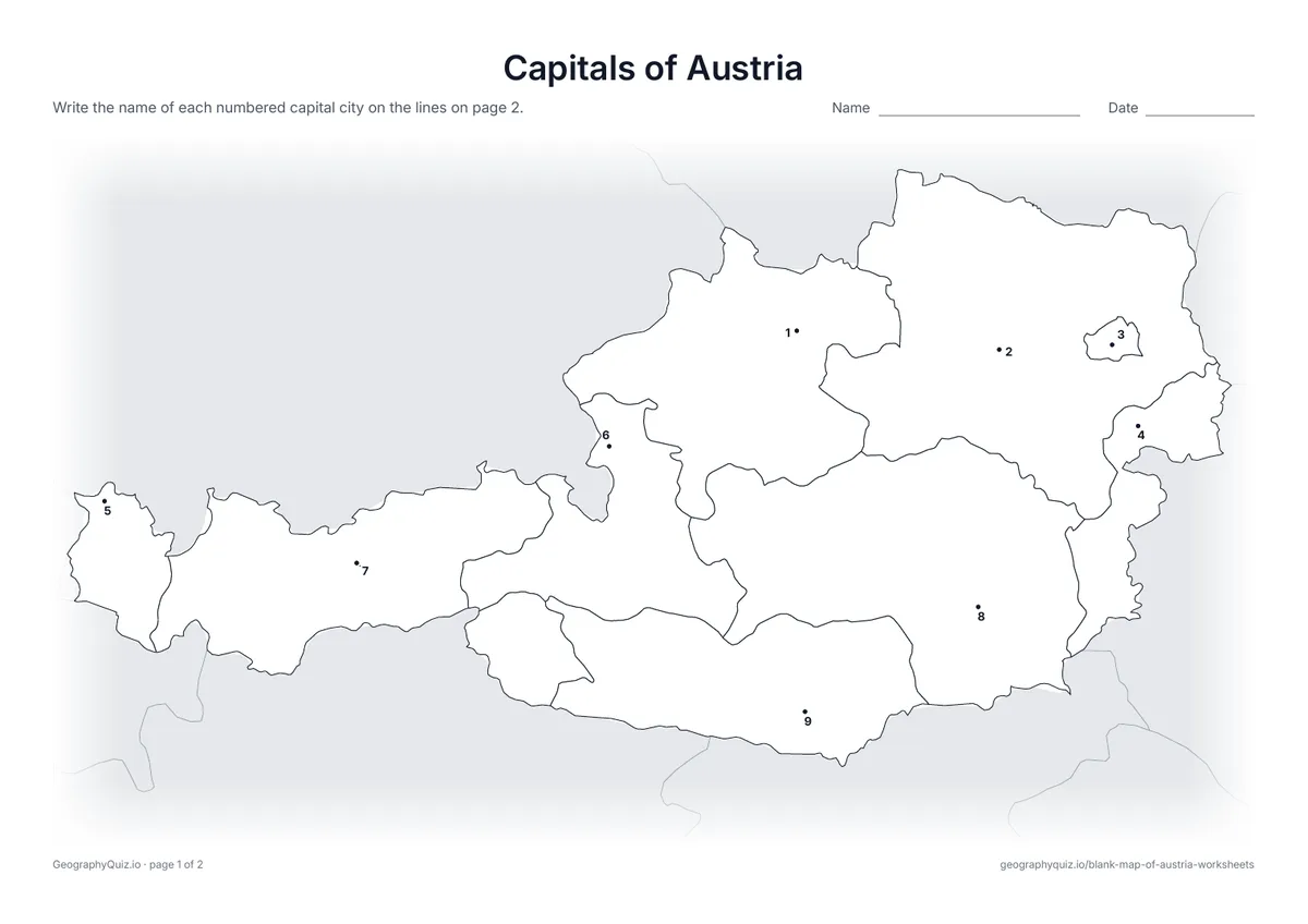 Preview of the printable capitals of austria worksheet