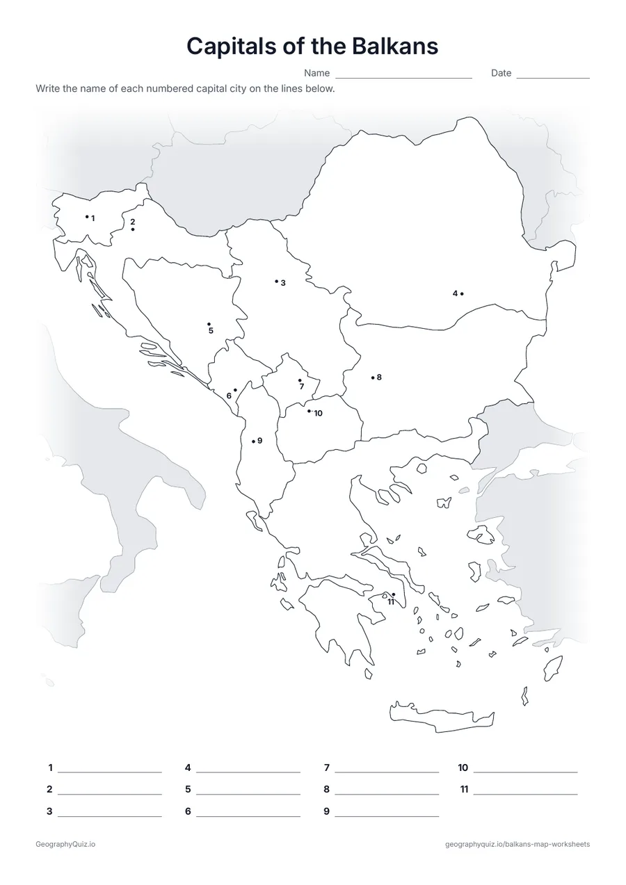 Preview of the printable capitals of the balkans worksheet