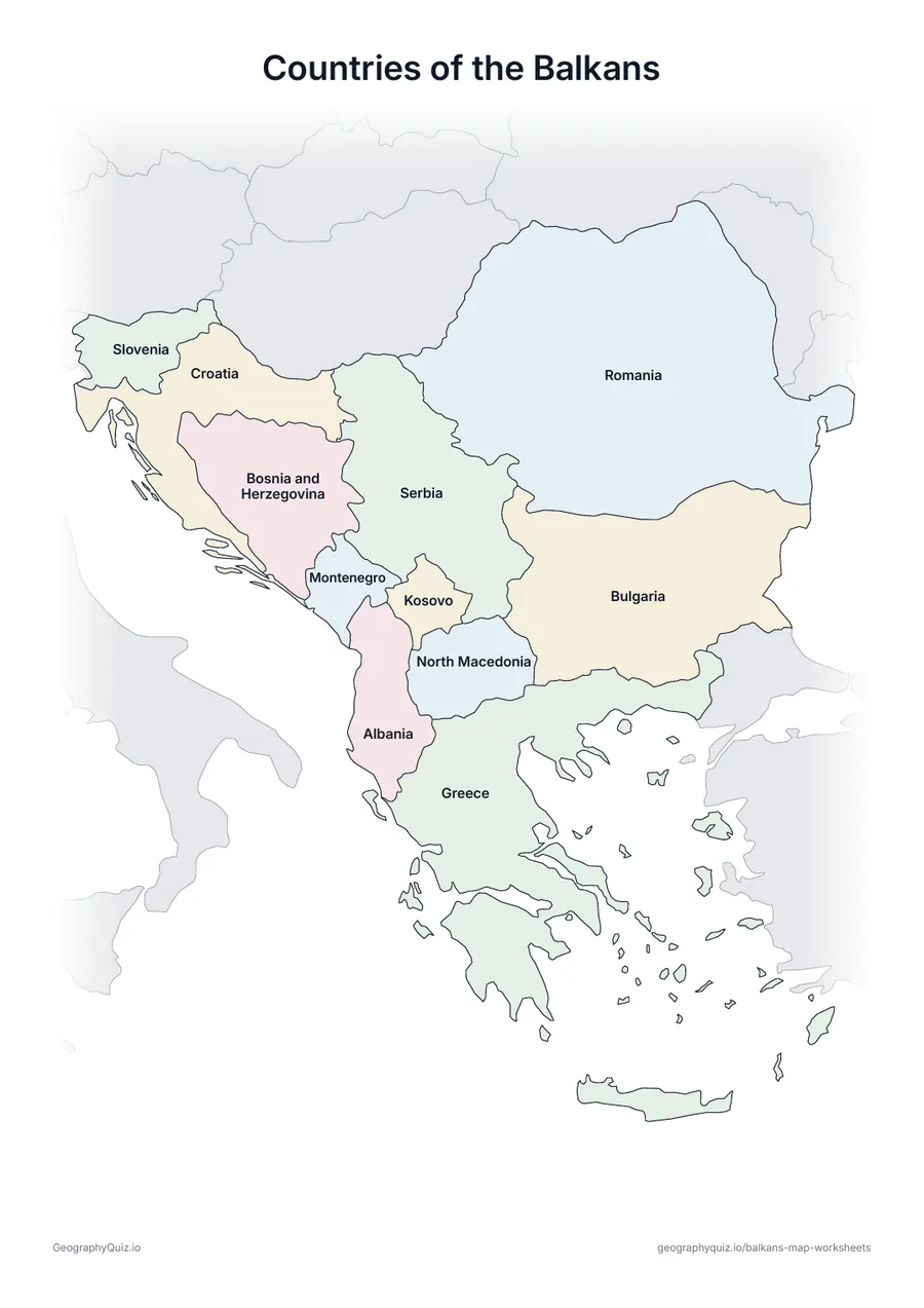 Preview of the printable countries of the balkans worksheet
