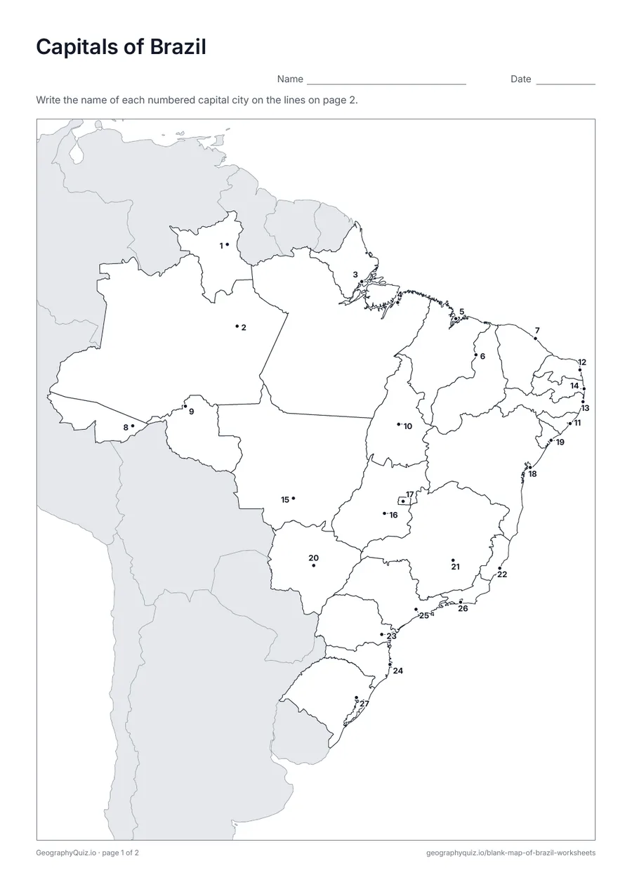 Preview of the printable capitals of brazil worksheet