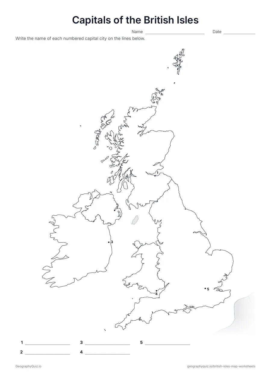 Preview of the printable capitals of the british isles worksheet