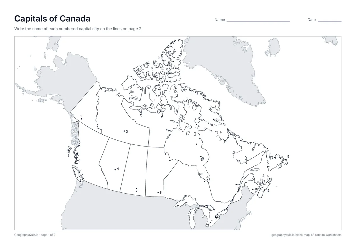 Preview of the printable capitals of canada worksheet