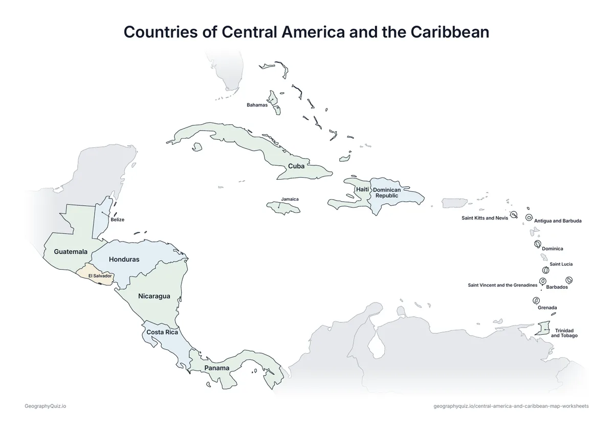 Preview of the printable countries of central america and the caribbean worksheet