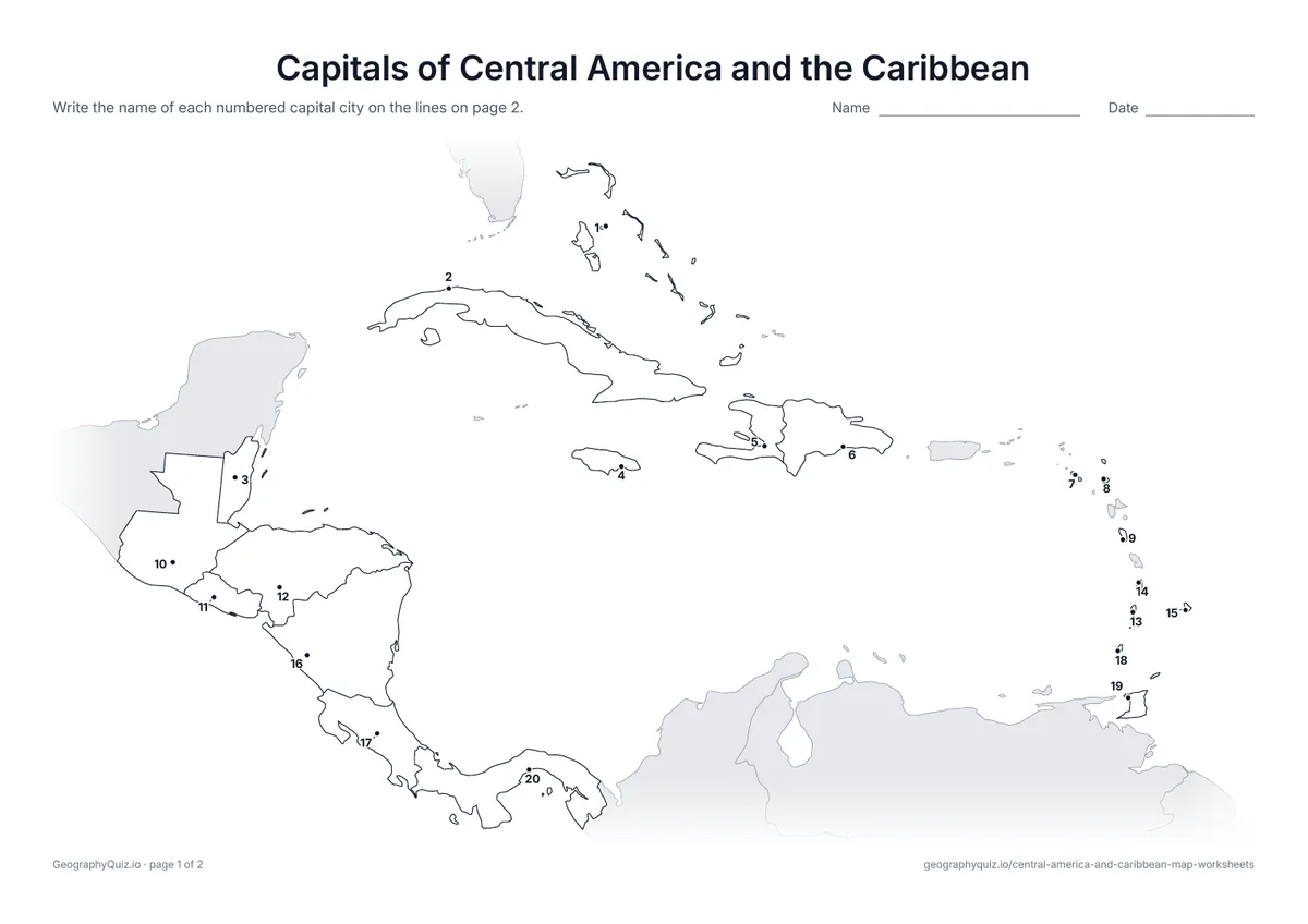 Preview of the printable capitals of central america and the caribbean worksheet