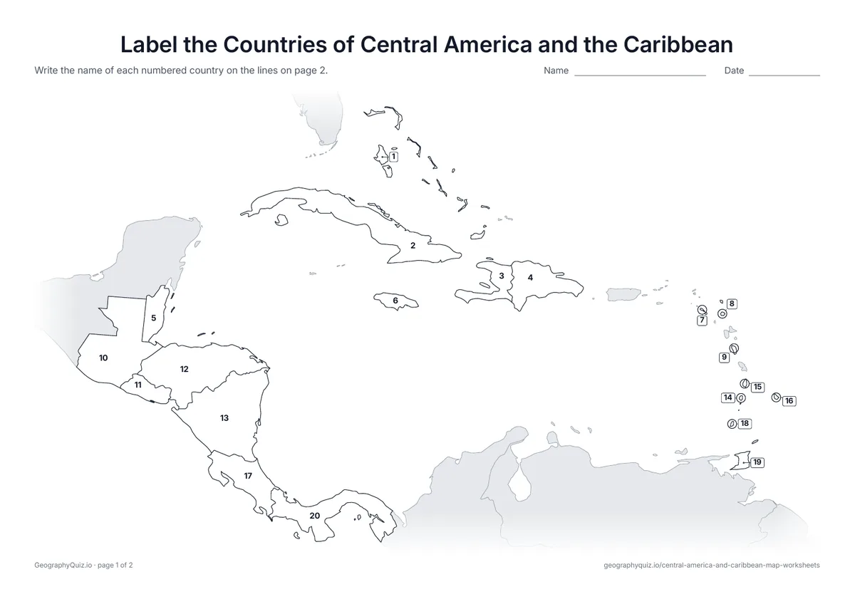 Preview of the printable label the countries of central america and the caribbean worksheet