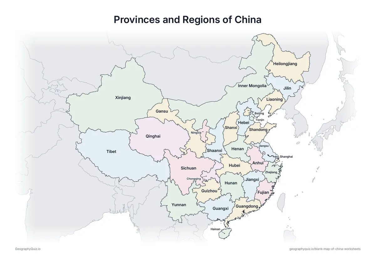 Preview of the printable provinces and regions of china worksheet