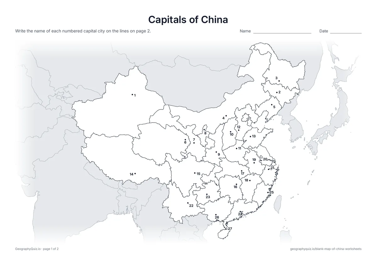 Preview of the printable capitals of china worksheet