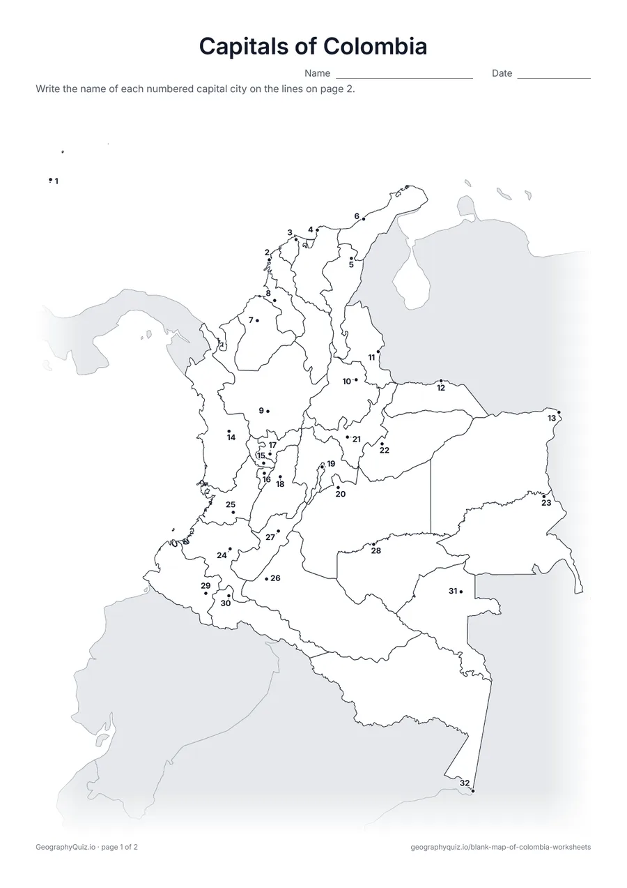 Preview of the printable capitals of colombia worksheet