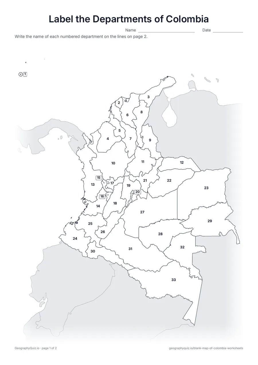 Preview of the printable label the departments of colombia worksheet