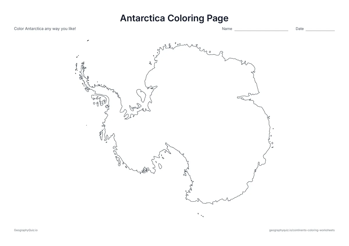 Preview of the printable antarctica coloring page worksheet: Antarctica seen from above the South Pole: one big icy continent to color