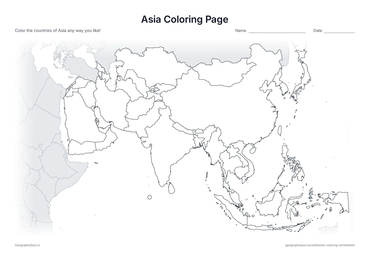 Preview of the printable asia coloring page worksheet: A map of Asia, the largest continent, with every country outlined