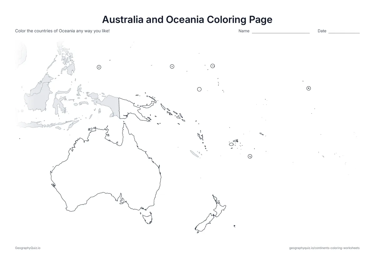 Preview of the printable australia and oceania coloring page worksheet: A map of Australia, New Zealand and the Pacific island nations, with the smallest countries circled